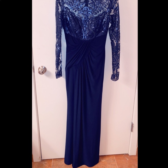 Eliza J navy blue draped long sleeve sequin gown - Picture 3 of 8